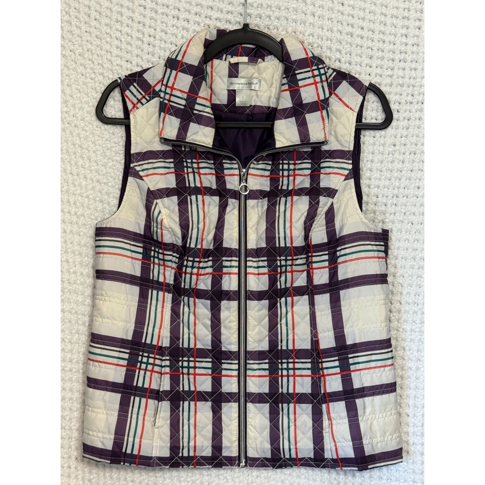 Christopher & Banks Plaid Quilted Vest Womens Size S Zip Front Purple‎ Green Red